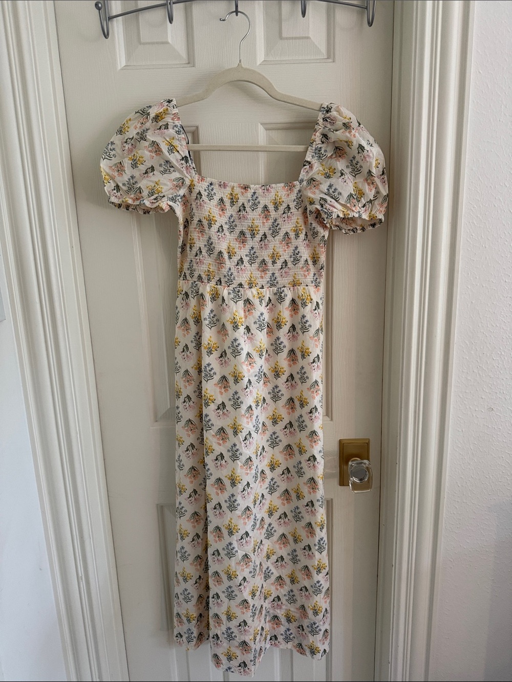 Floral Smocked Puff Sleeve Midi Dress - Cream/Yellow
